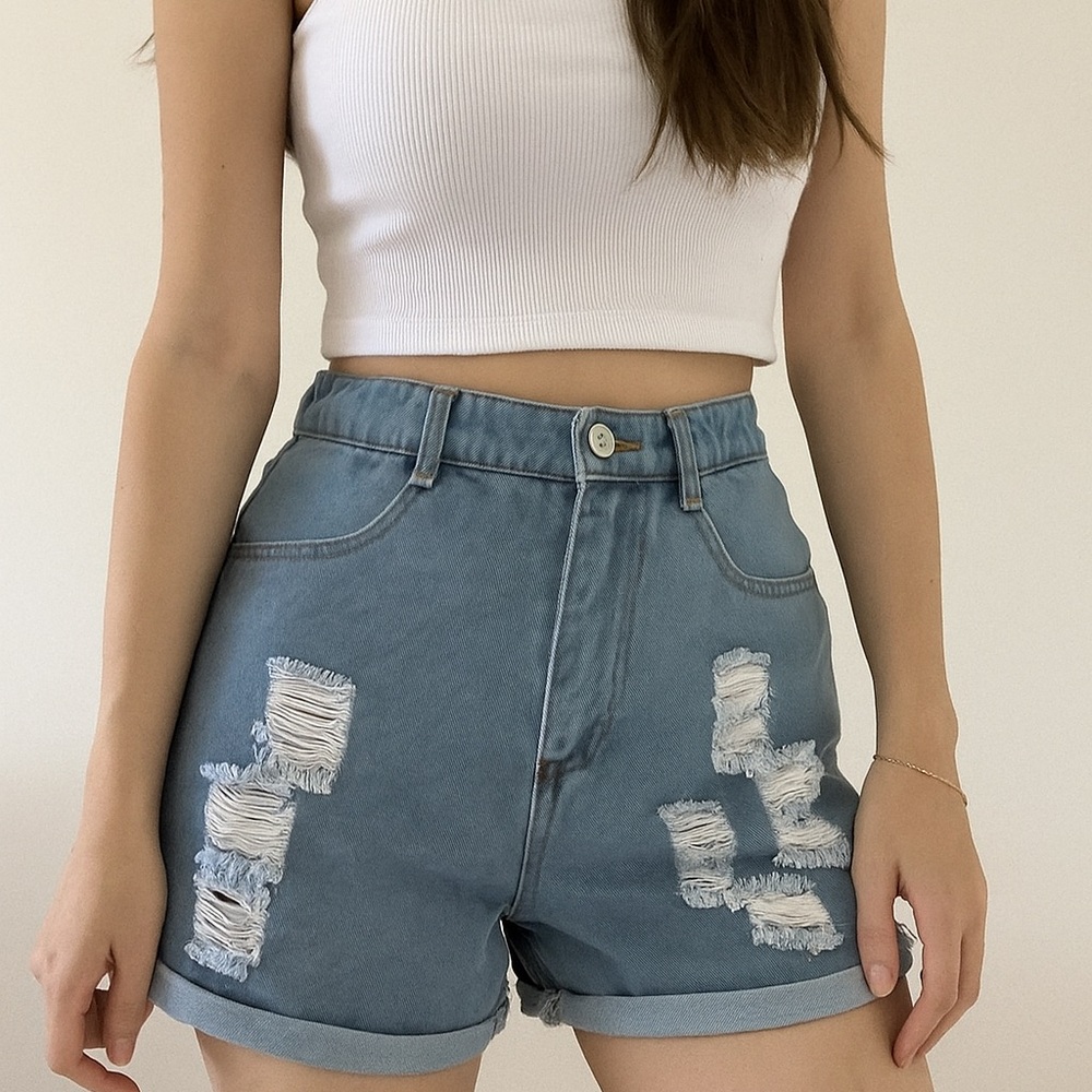 Blue Distressed Jeans with Frayed Hem